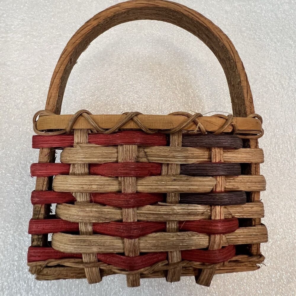 Miniature Woven Basket Pocket Signed Artisan 1997 Dated Red Blue American Flag